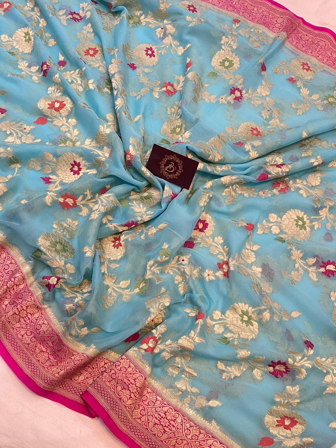 Firozi Blue Banarasi Khaddi Georgette Saree