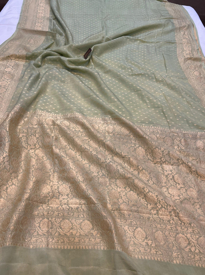 Pastel Green Pure Banarasi Khaddi Crepe Silk Saree - Aura Benaras