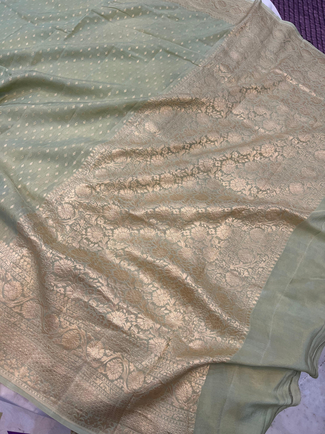 Pastel Green Pure Banarasi Khaddi Crepe Silk Saree - Aura Benaras