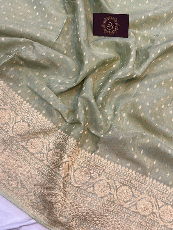 Pastel Green Pure Banarasi Khaddi Crepe Silk Saree - Aura Benaras