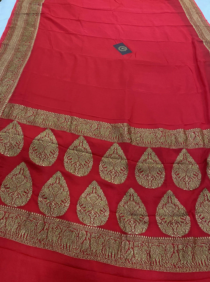 Red Pure Banarasi Handloom Khaddi Georgette Saree - Aura Benaras