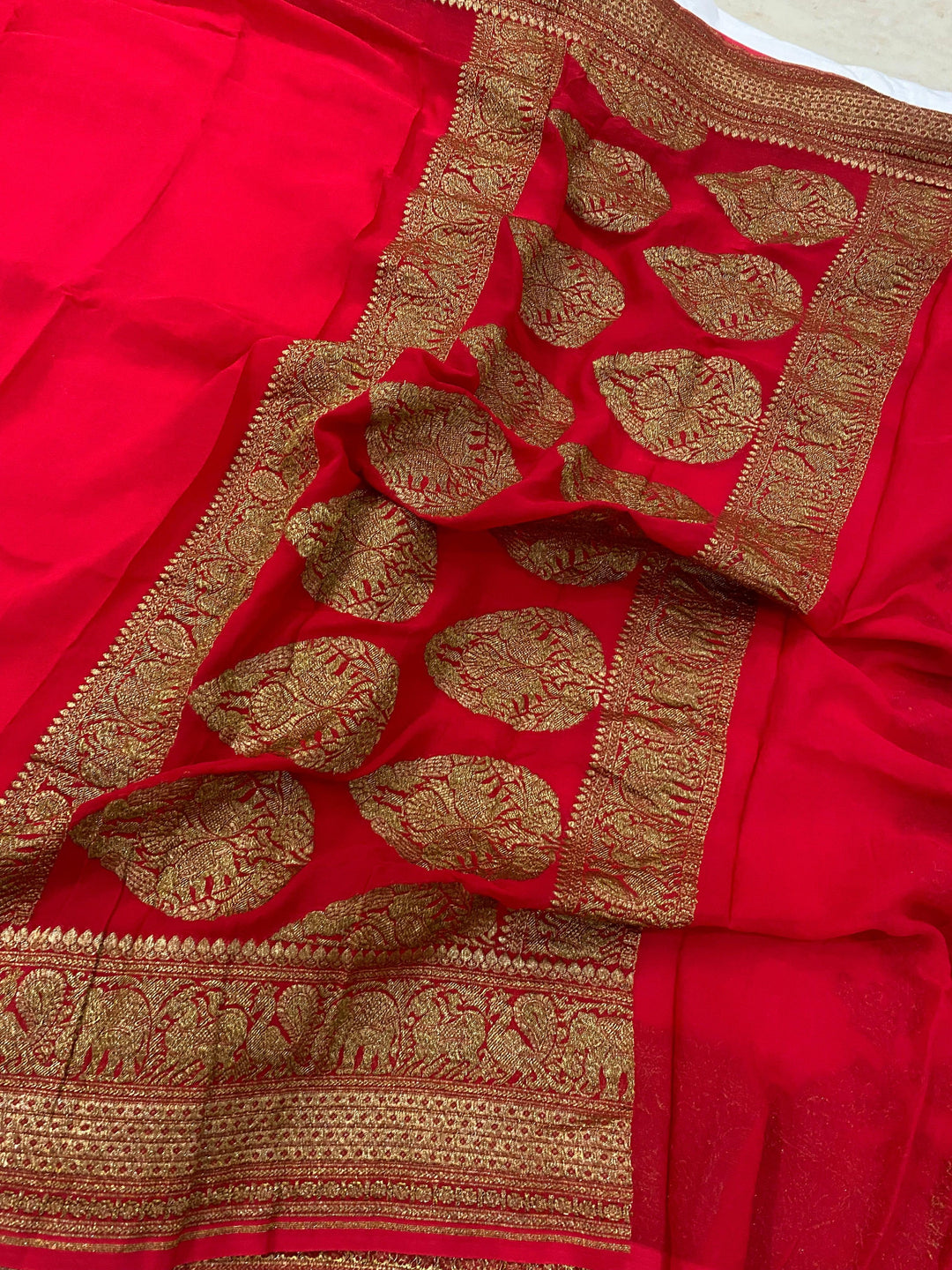 Red Pure Banarasi Handloom Khaddi Georgette Saree - Aura Benaras