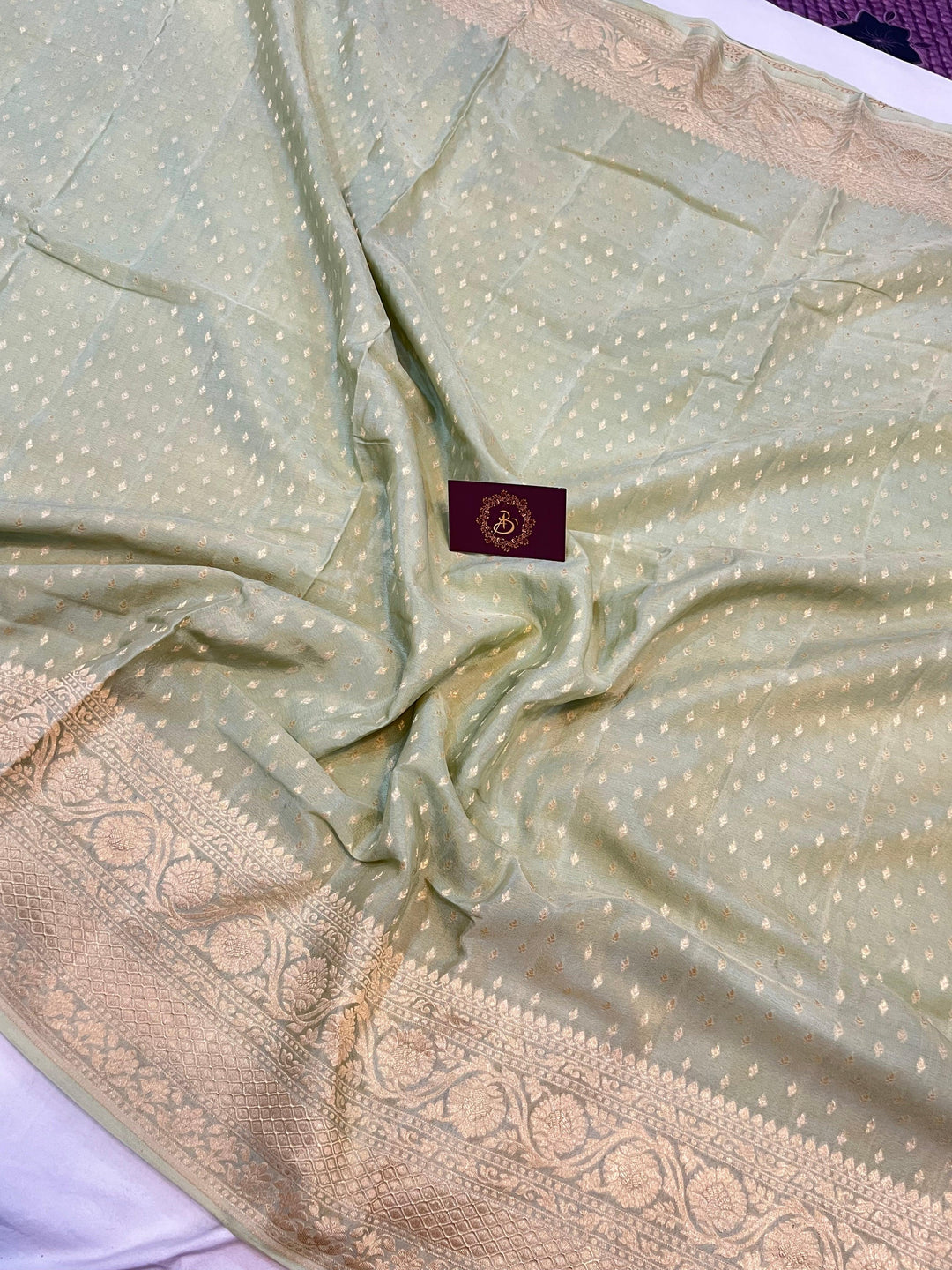 Pastel Green Pure Banarasi Khaddi Crepe Silk Saree - Aura Benaras