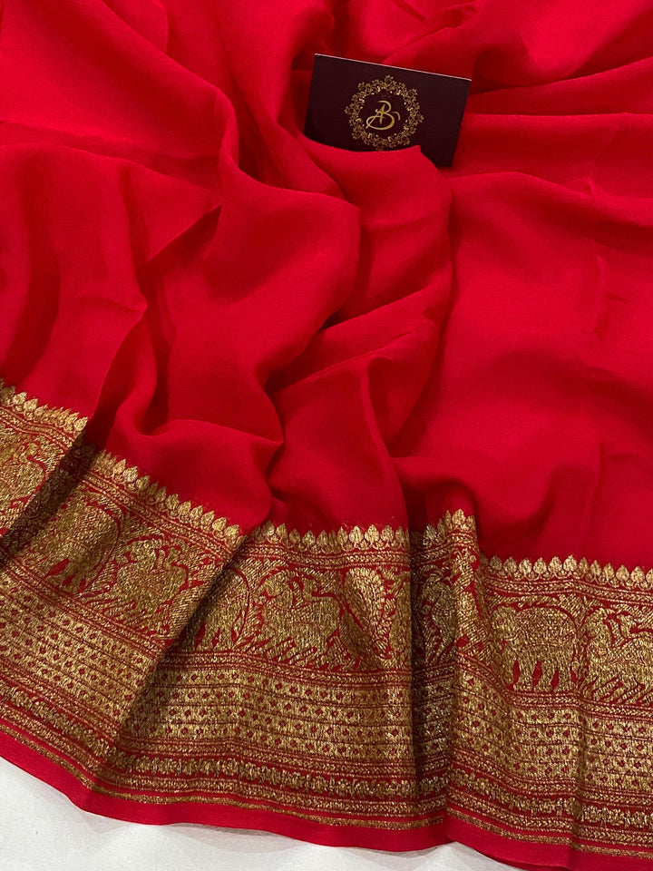 Red Pure Banarasi Handloom Khaddi Georgette Saree - Aura Benaras