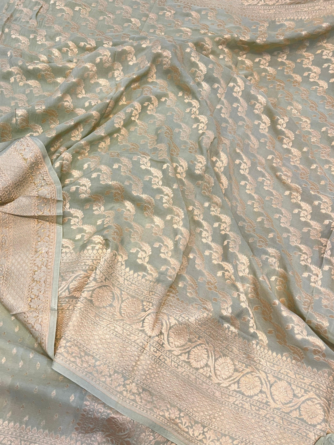Pastel Green Pure Banarasi Khaddi Crepe Silk Saree - Aura Benaras