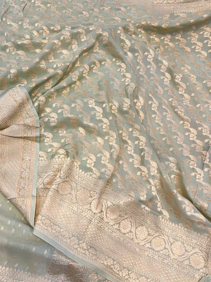 Pastel Green Pure Banarasi Khaddi Crepe Silk Saree - Aura Benaras