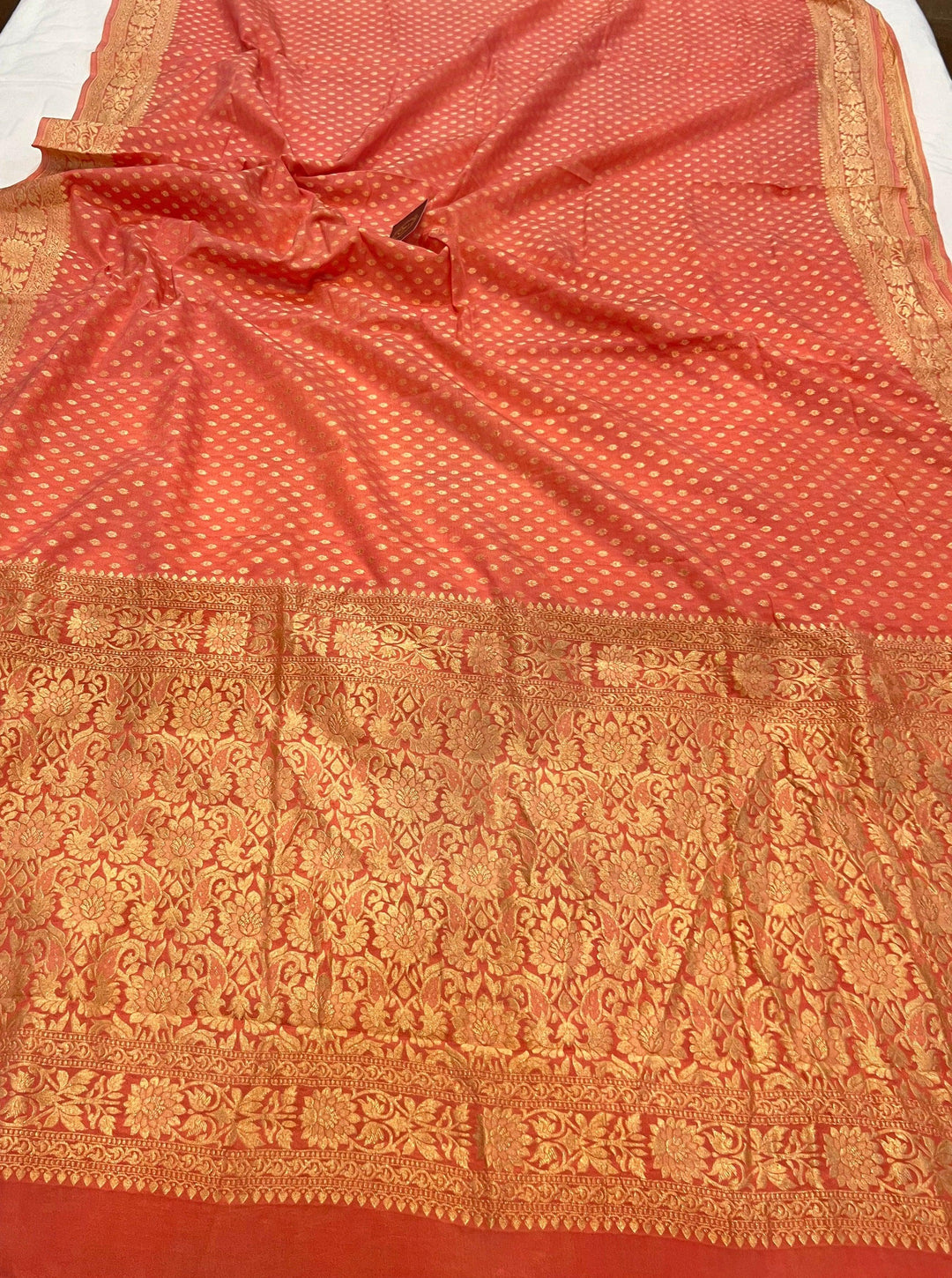 Peach Pure Banarasi Khaddi Crepe Silk Saree - Aura Benaras