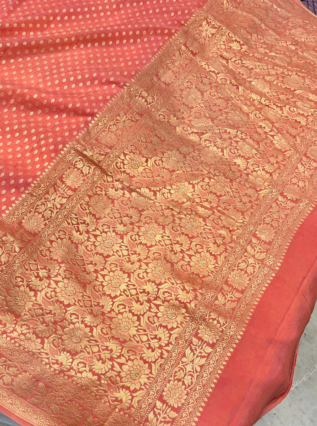 Peach Pure Banarasi Khaddi Crepe Silk Saree - Aura Benaras