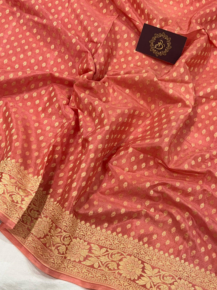 Peach Pure Banarasi Khaddi Crepe Silk Saree - Aura Benaras