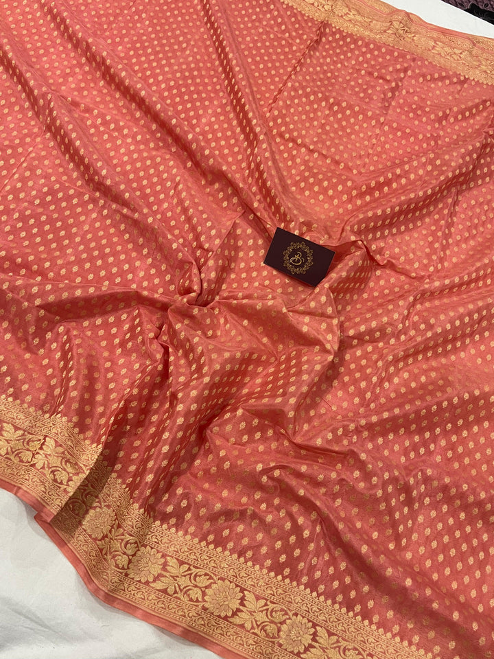 Peach Pure Banarasi Khaddi Crepe Silk Saree - Aura Benaras