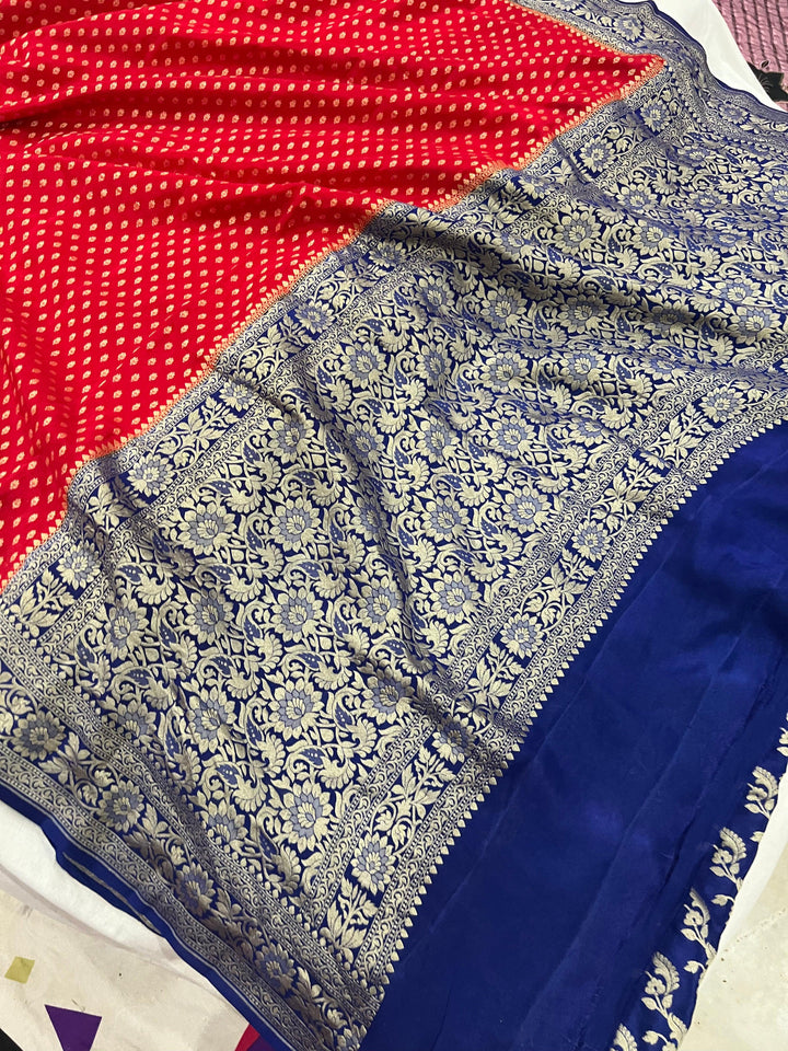 Red Pure Banarasi Khaddi Crepe Silk Saree - Aura Benaras