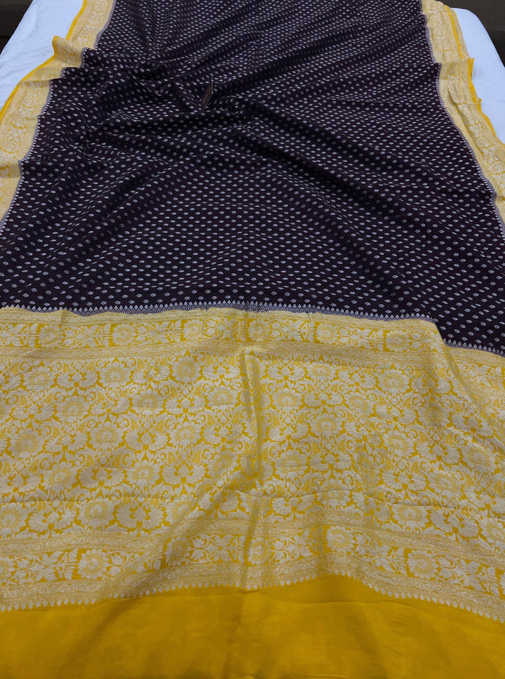 Coffee Brown Pure Banarasi Khaddi Crepe Silk Saree - Aura Benaras