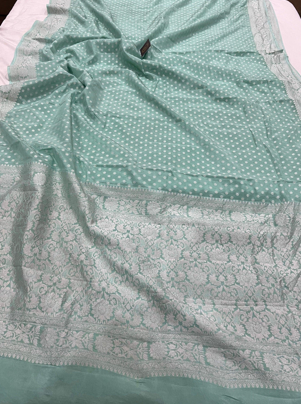 Greyish Green Pure Banarasi Khaddi Crepe Silk Saree - Aura Benaras