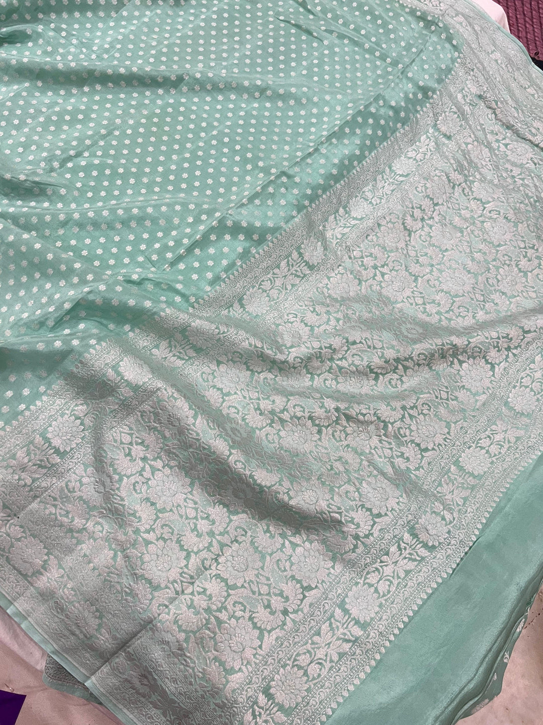 Greyish Green Pure Banarasi Khaddi Crepe Silk Saree - Aura Benaras