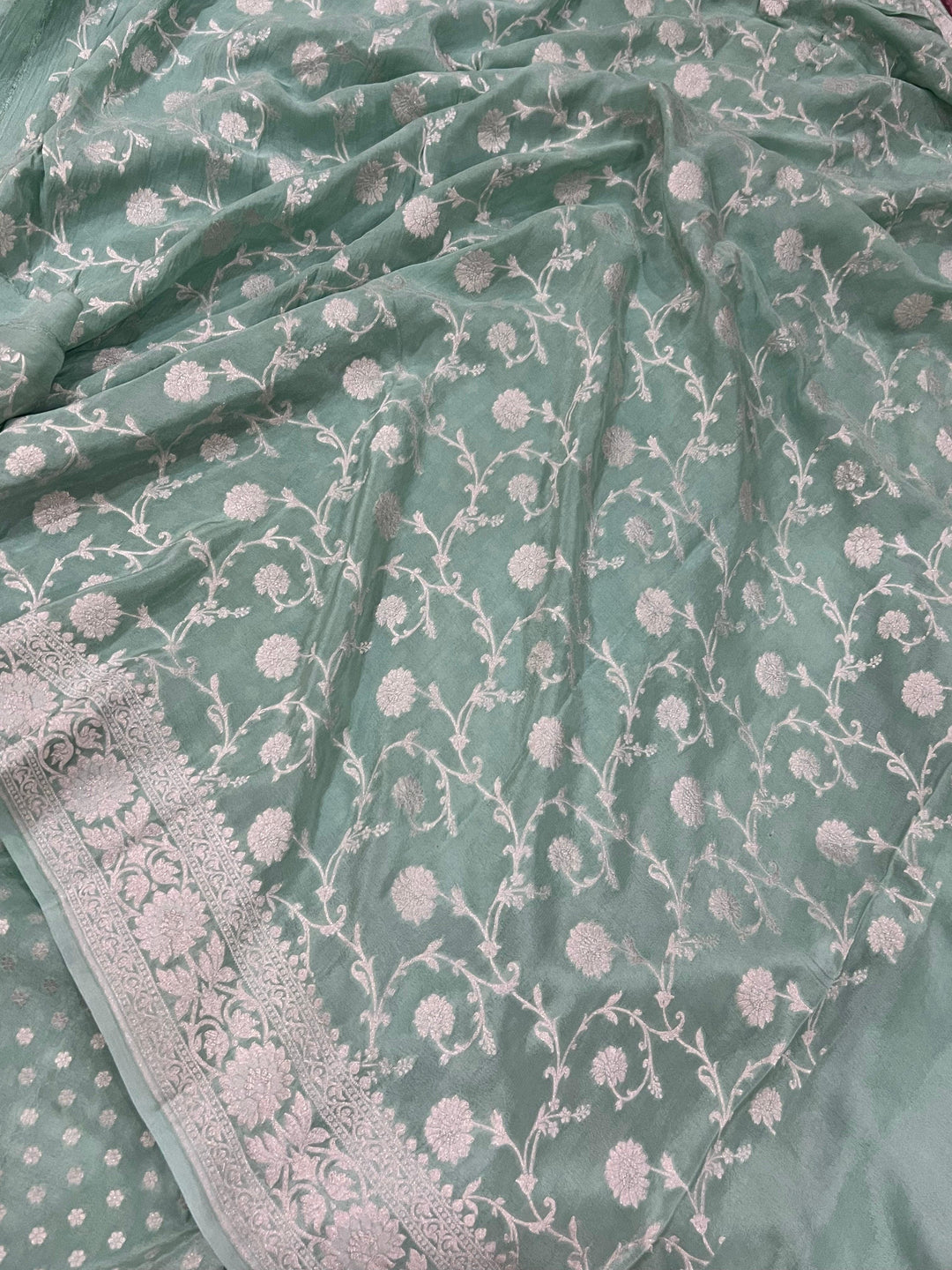 Greyish Green Pure Banarasi Khaddi Crepe Silk Saree - Aura Benaras