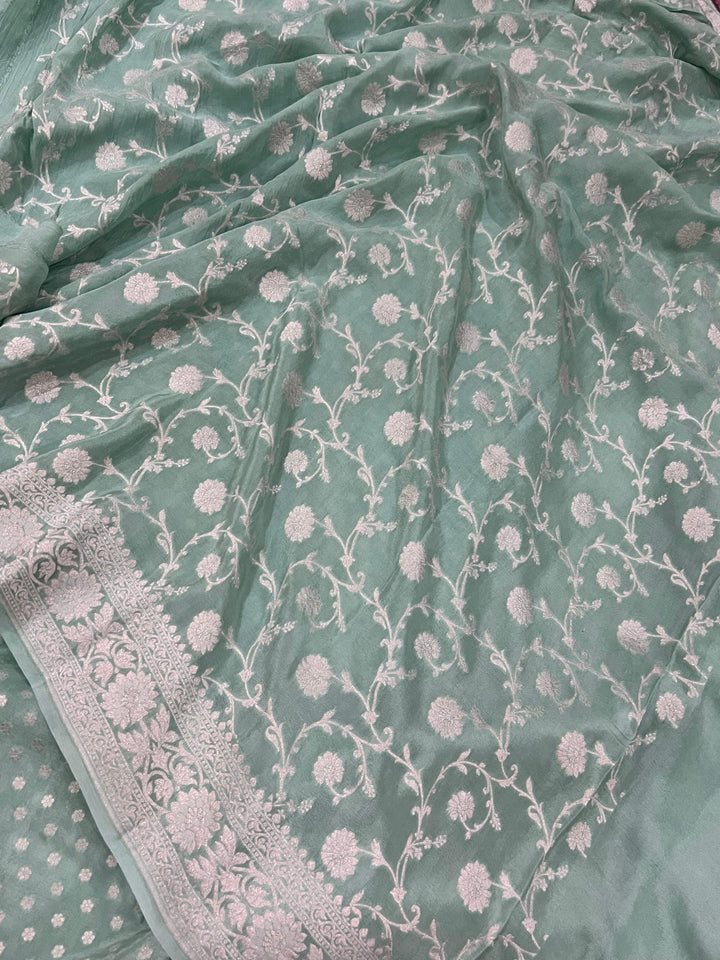 Greyish Green Pure Banarasi Khaddi Crepe Silk Saree - Aura Benaras