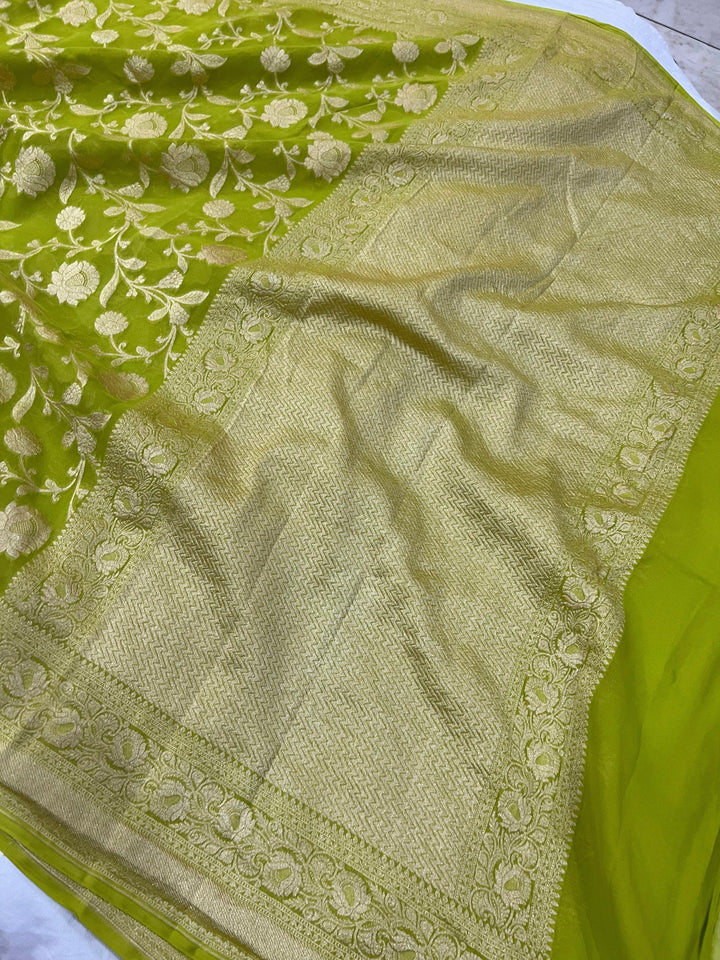Mehendi Green Banarasi Handloom Pure Khaddi Georgette Saree - Aura Benaras
