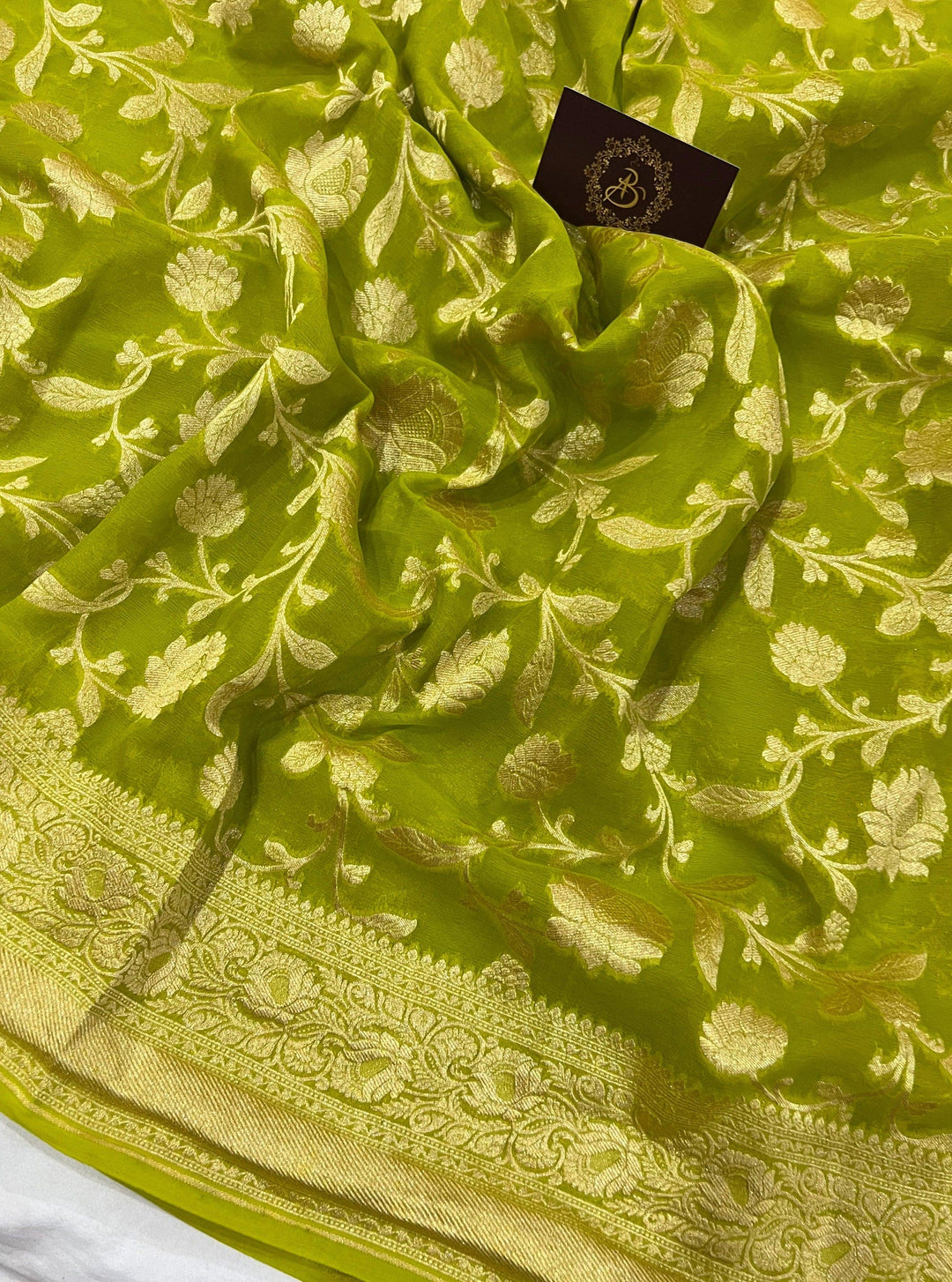 Mehendi Green Banarasi Handloom Pure Khaddi Georgette Saree - Aura Benaras