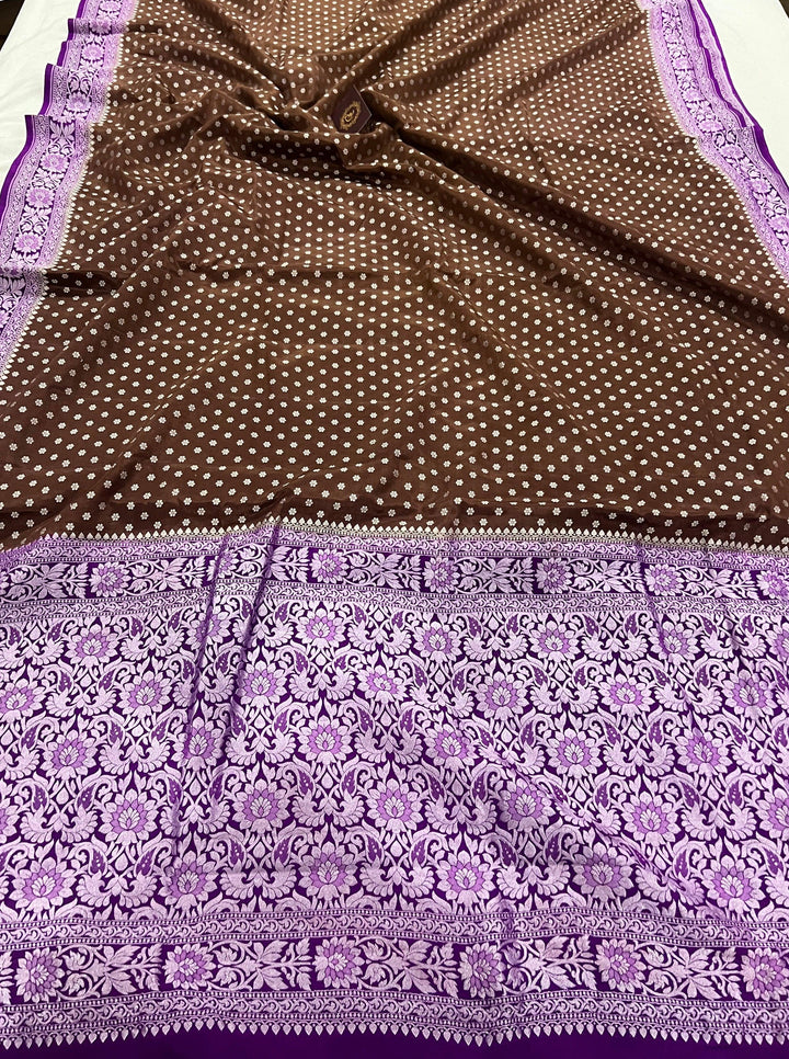 Brown Pure Banarasi Khaddi Crepe Silk Saree - Aura Benaras