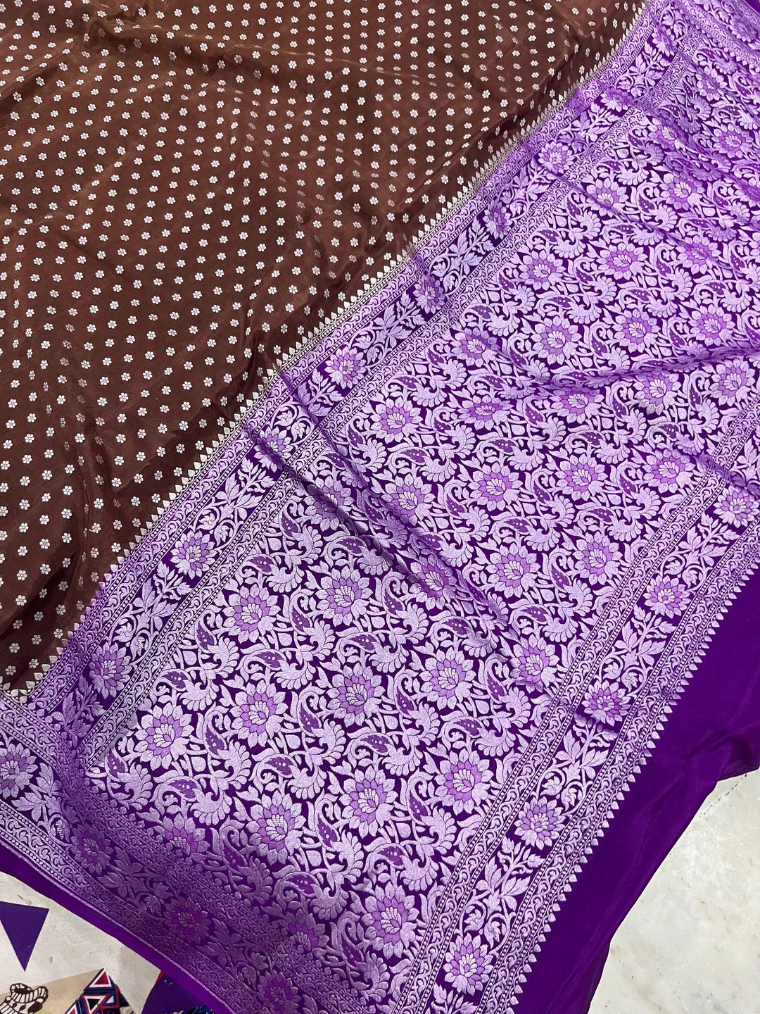 Brown Pure Banarasi Khaddi Crepe Silk Saree - Aura Benaras