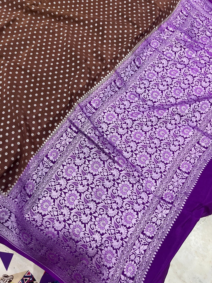 Brown Pure Banarasi Khaddi Crepe Silk Saree - Aura Benaras