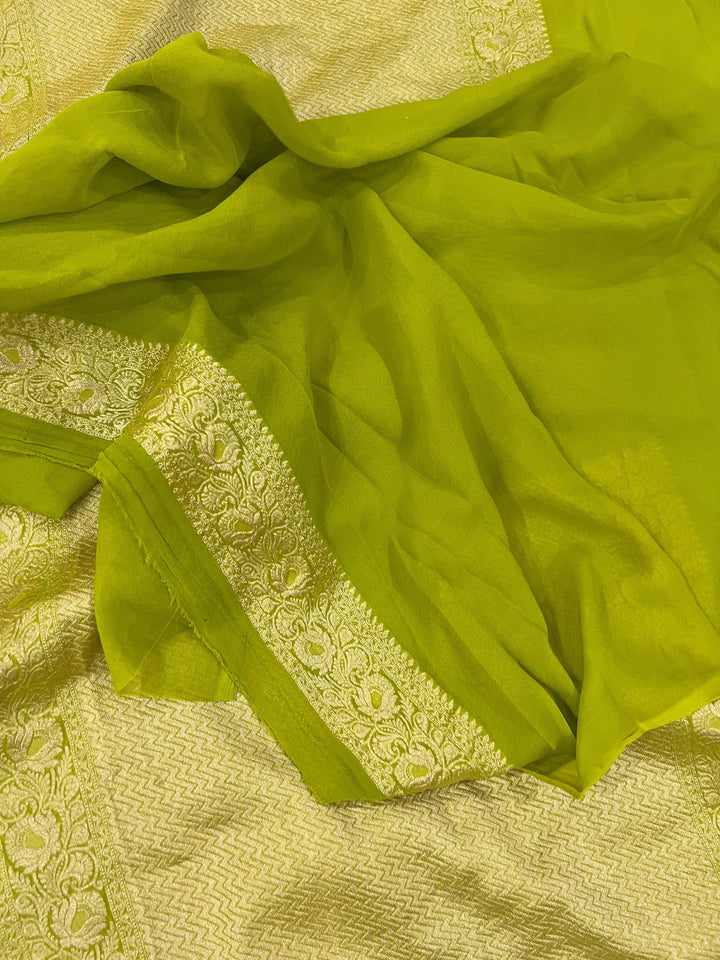 Mehendi Green Banarasi Handloom Pure Khaddi Georgette Saree - Aura Benaras