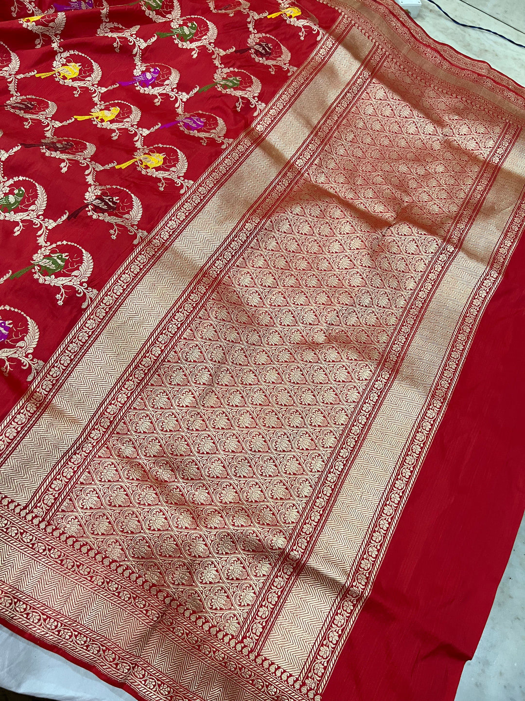 Red Jaal Pure Banarasi Handlloom Katan Silk Saree - Aura Benaras