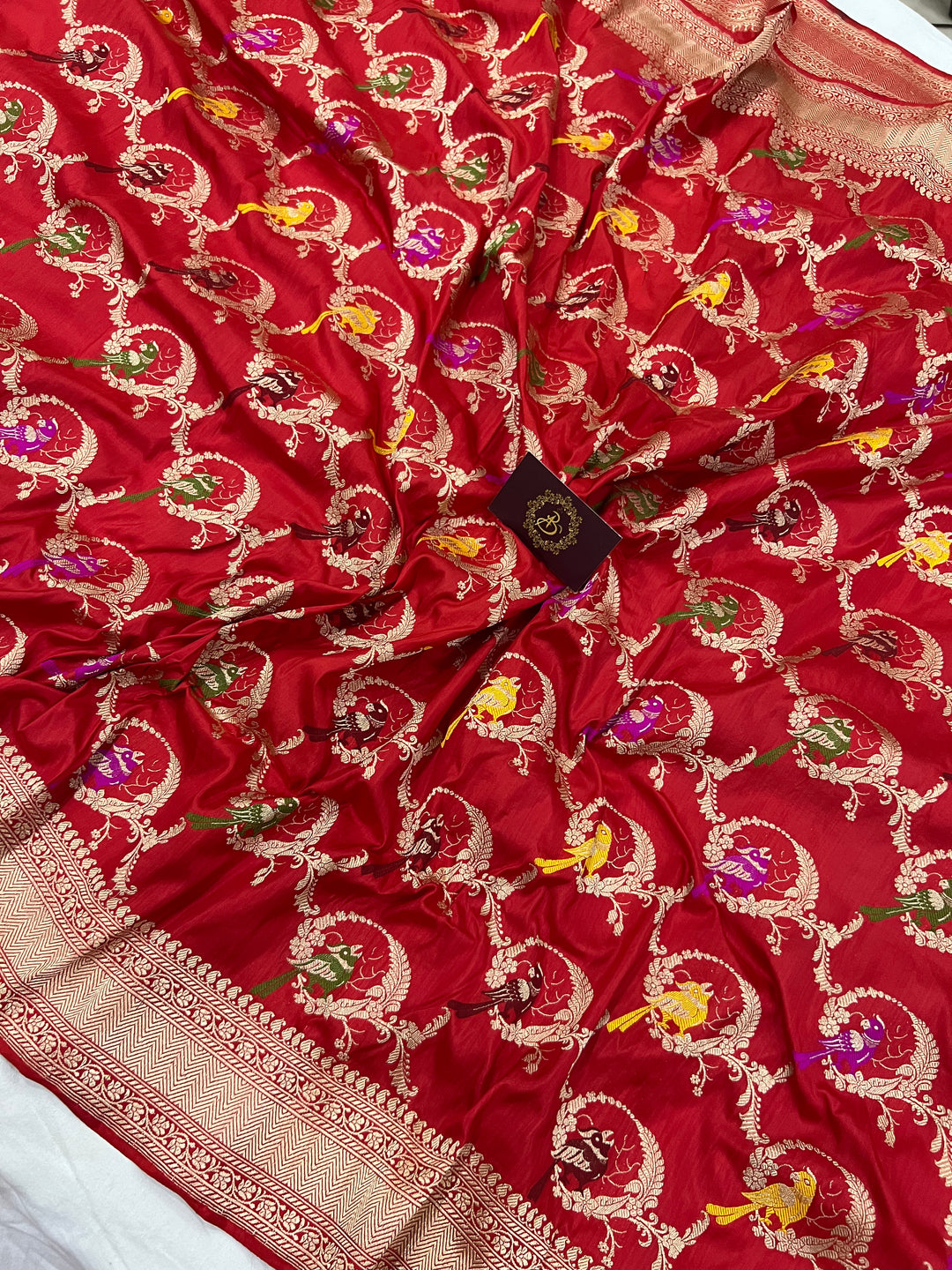 Red Jaal Pure Banarasi Handlloom Katan Silk Saree - Aura Benaras