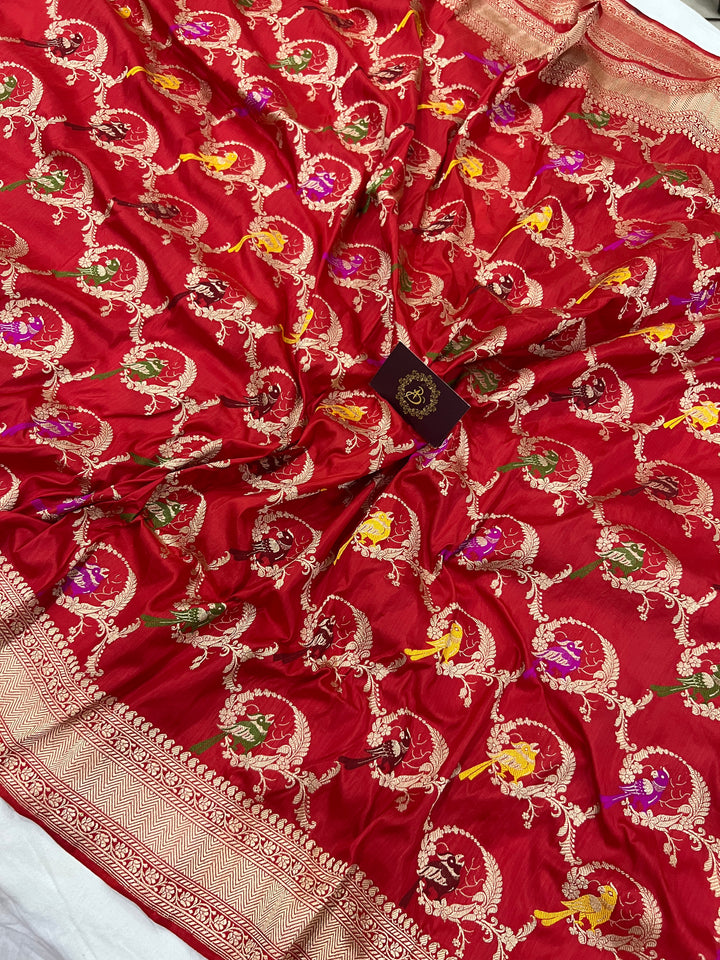 Red Jaal Pure Banarasi Handlloom Katan Silk Saree - Aura Benaras