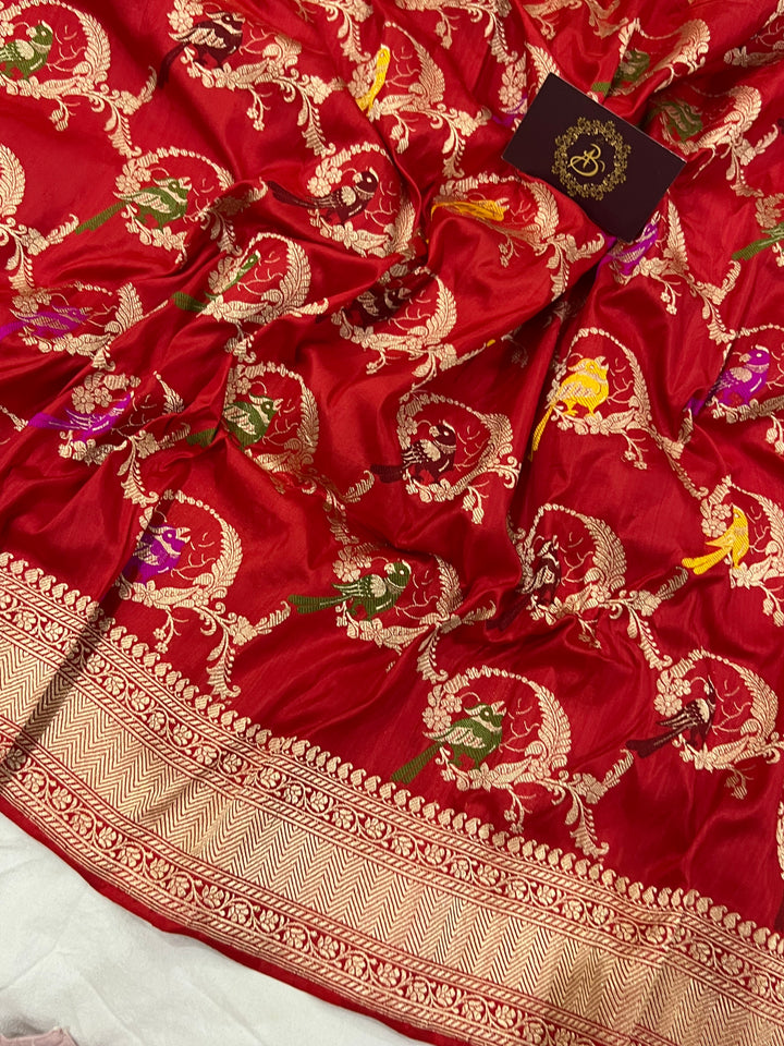 Red Jaal Pure Banarasi Handlloom Katan Silk Saree - Aura Benaras