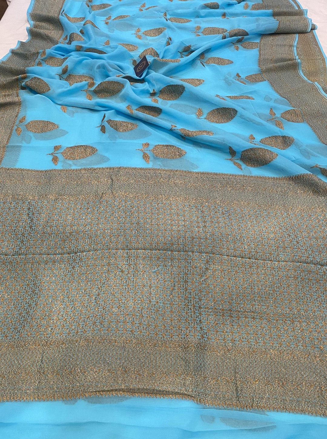 Firozi Blue Pure Banarasi Khaddi Georgette Saree - Aura Benaras