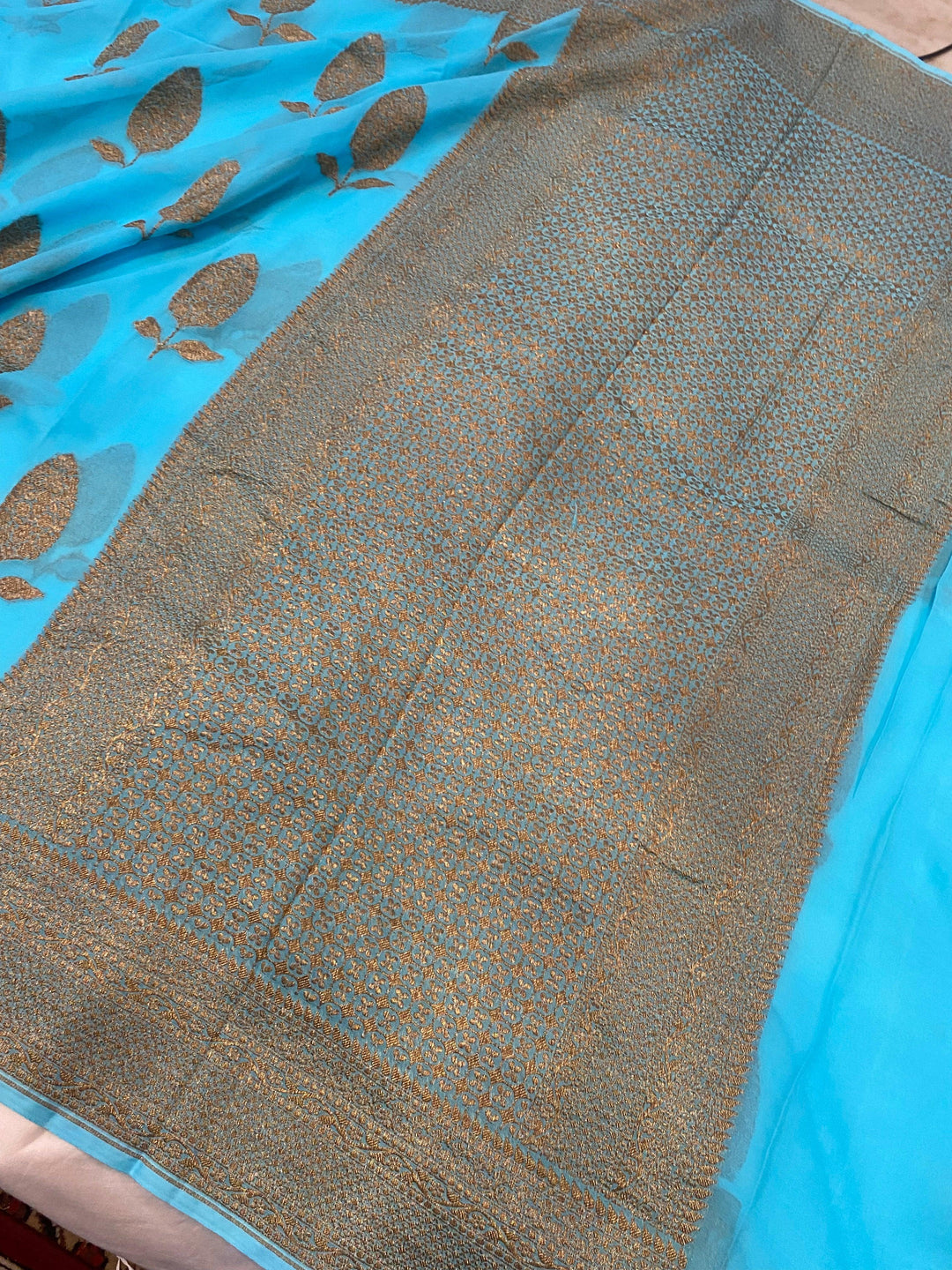Firozi Blue Pure Banarasi Khaddi Georgette Saree - Aura Benaras
