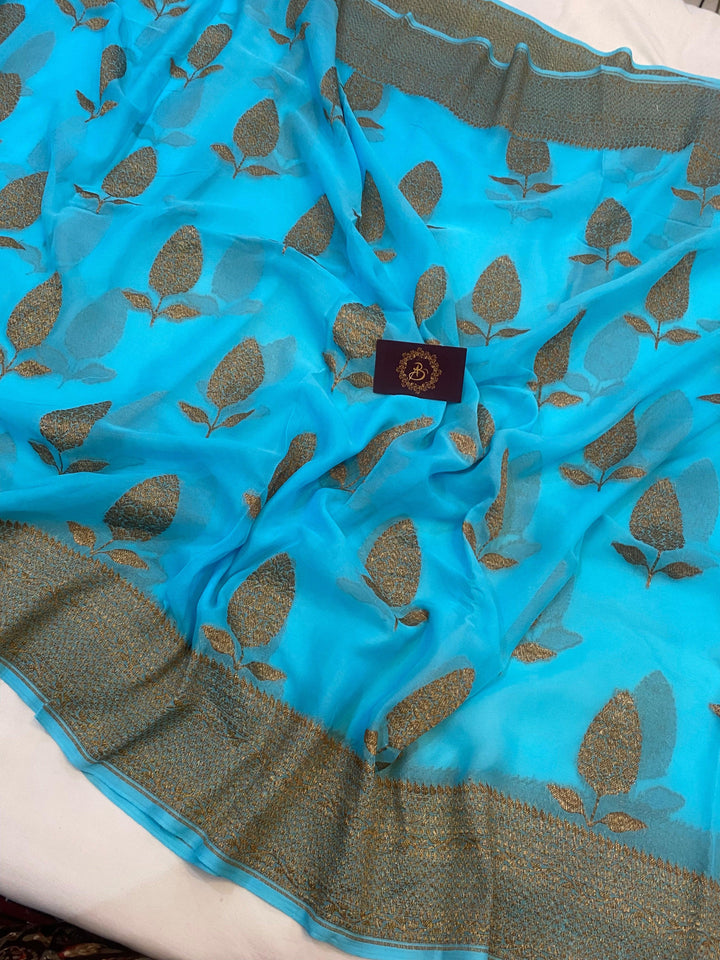 Firozi Blue Pure Banarasi Khaddi Georgette Saree - Aura Benaras