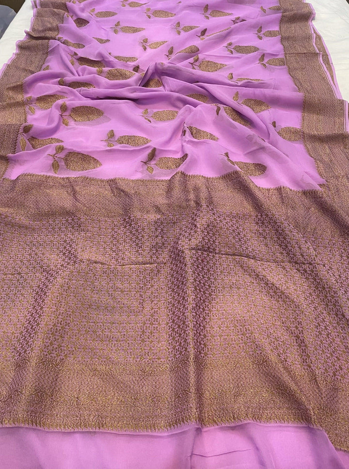 Light Purple Pure Banarasi Khaddi Georgette Saree - Aura Benaras