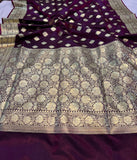 Wine Banarasi Handloom Soft Silk Saree - Aura Benaras