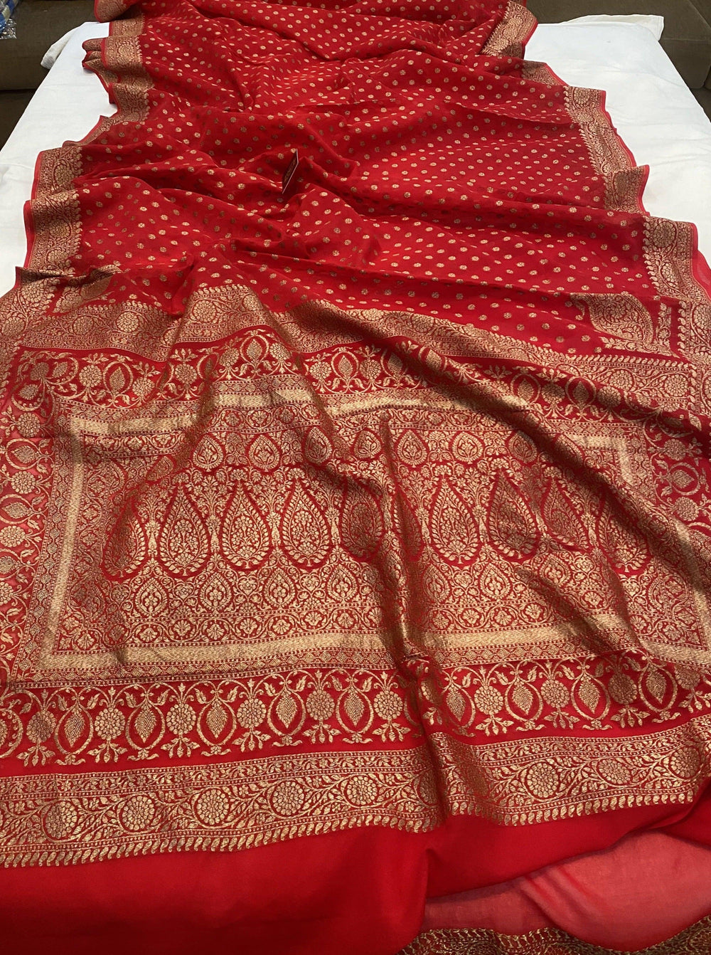 Red Banarasi Handloom Pure Khaddi Georgette Silk Saree - Aura Benaras