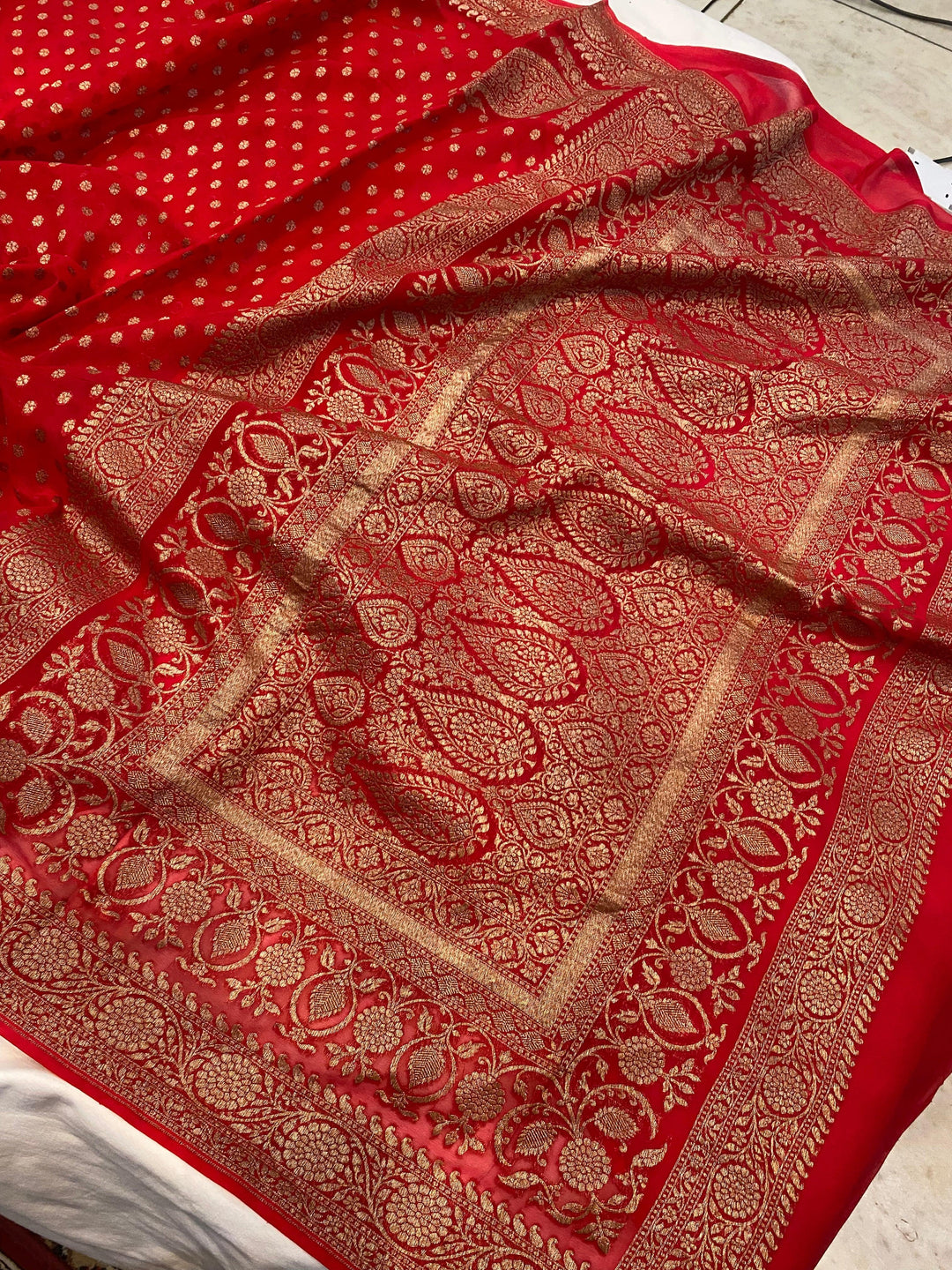 Red Banarasi Handloom Pure Khaddi Georgette Silk Saree - Aura Benaras