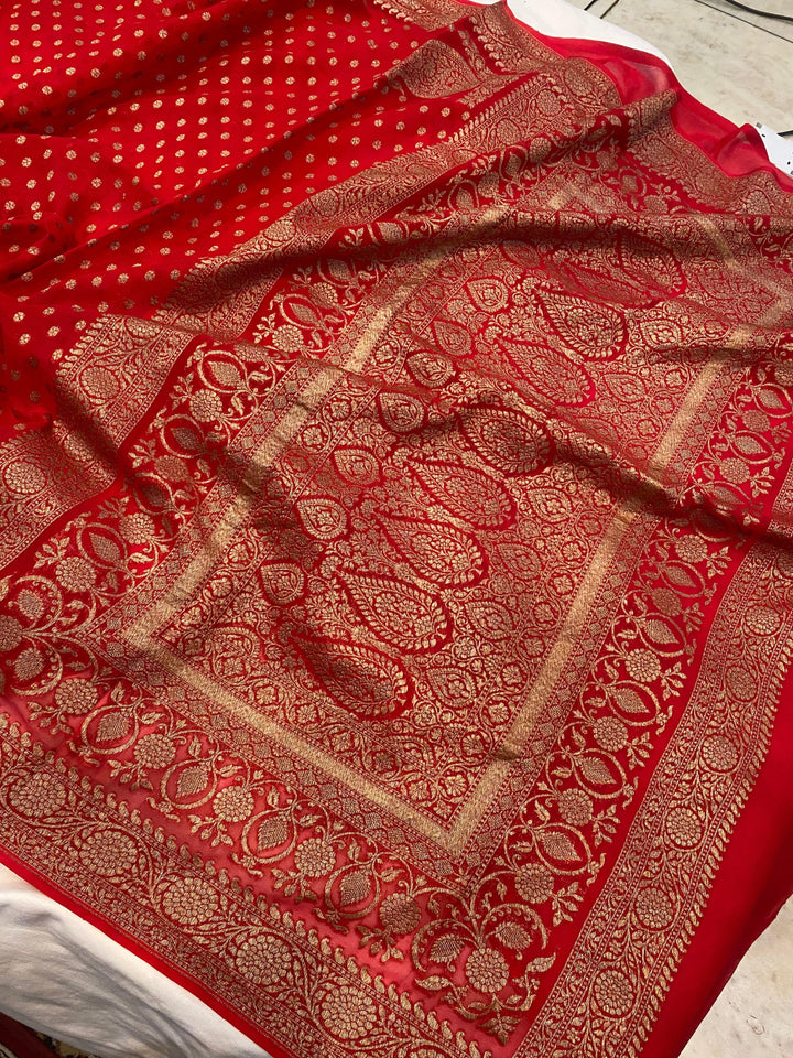 Red Banarasi Handloom Pure Khaddi Georgette Silk Saree - Aura Benaras