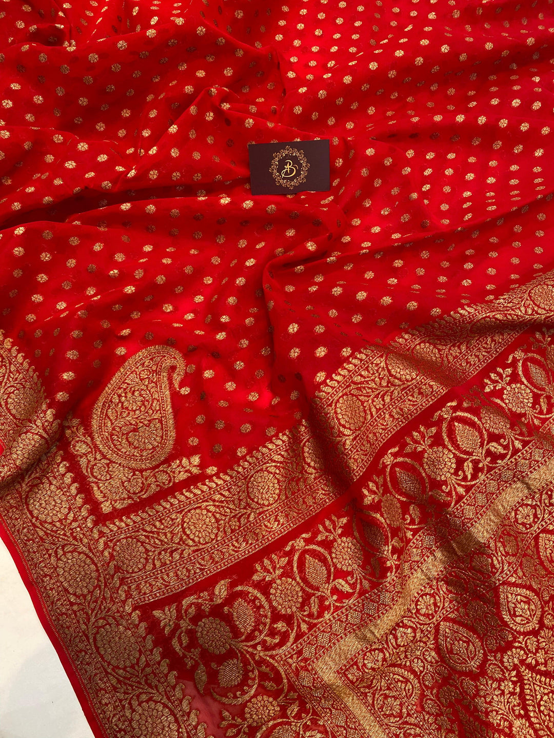 Red Banarasi Handloom Pure Khaddi Georgette Silk Saree - Aura Benaras