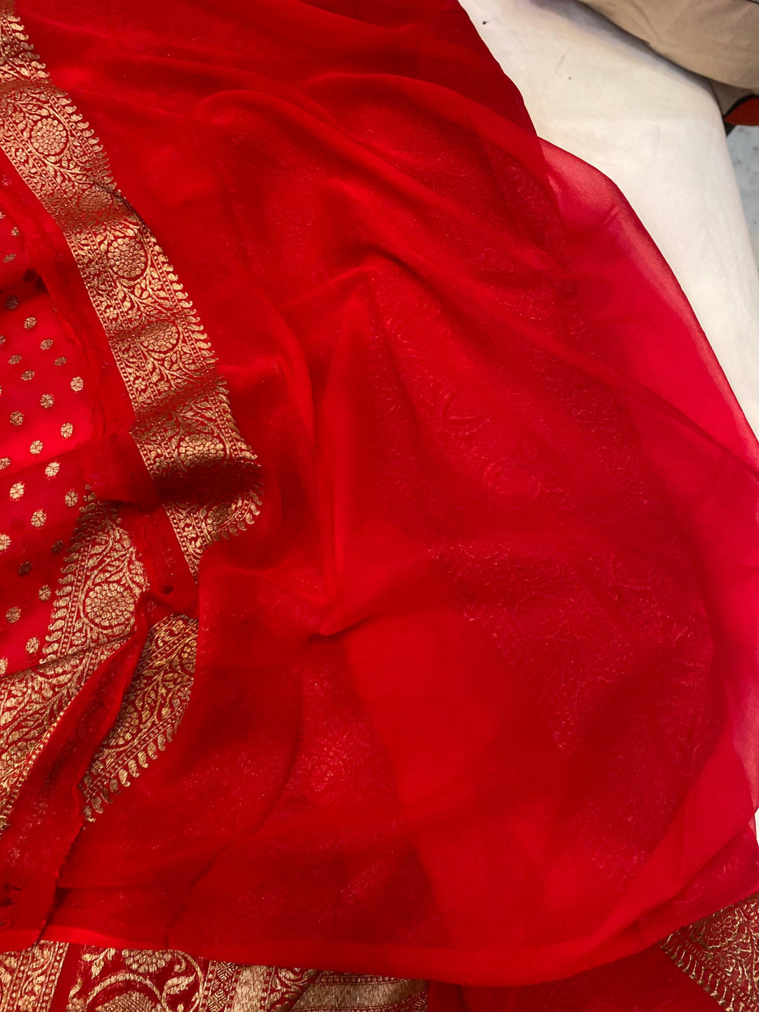 Red Banarasi Handloom Pure Khaddi Georgette Silk Saree - Aura Benaras