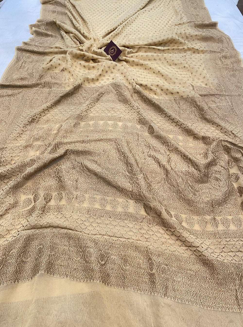 Beige Pure Banarasi Khaddi Georgette Saree - Aura Benaras
