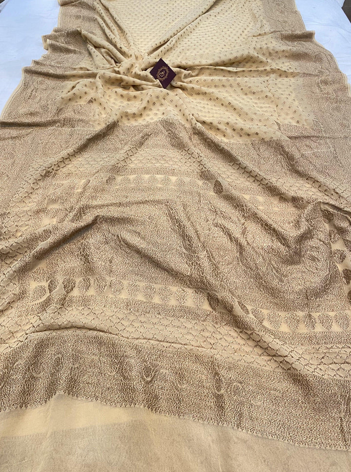 Beige Pure Banarasi Khaddi Georgette Saree - Aura Benaras