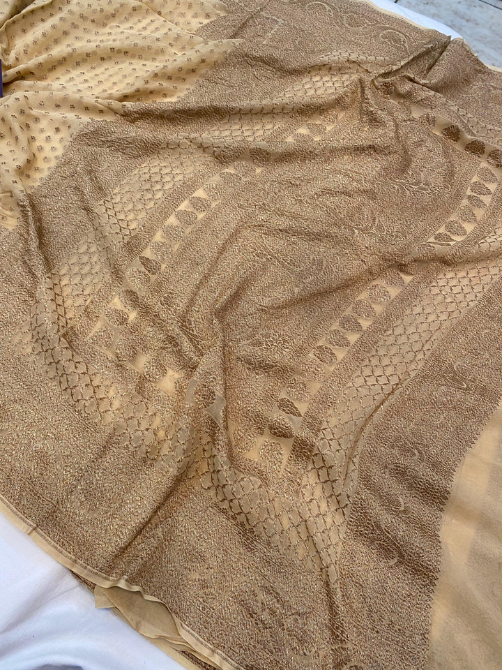 Beige Pure Banarasi Khaddi Georgette Saree - Aura Benaras