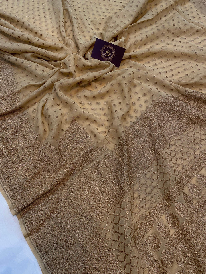 Beige Pure Banarasi Khaddi Georgette Saree - Aura Benaras