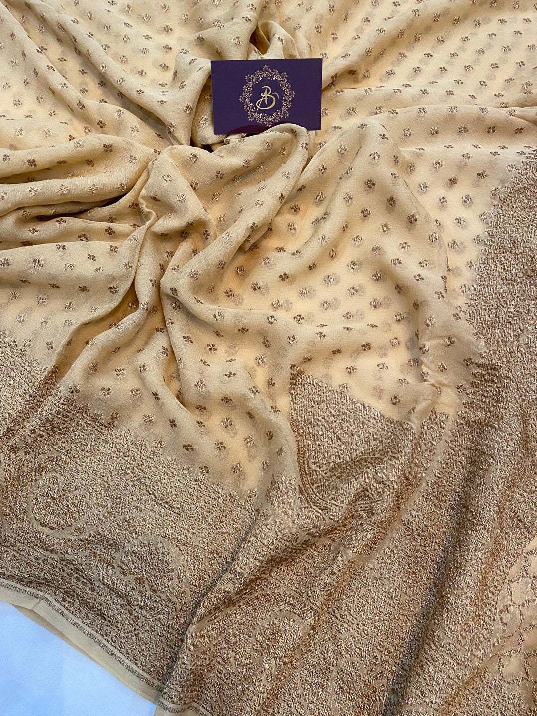 Beige Pure Banarasi Khaddi Georgette Saree - Aura Benaras