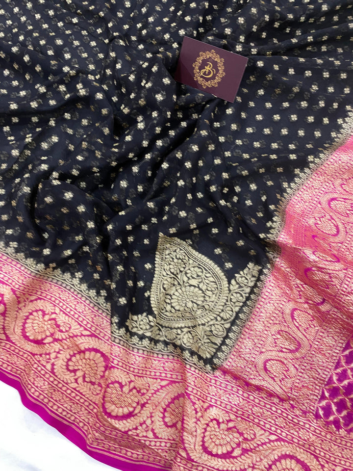 Black Pure Banarasi Khaddi Georgette Saree - Aura Benaras