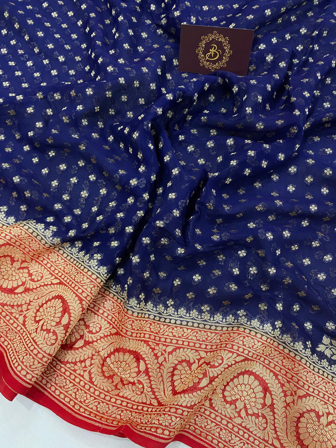 Navy Blue Pure Banarasi Khaddi Georgette Saree - Aura Benaras