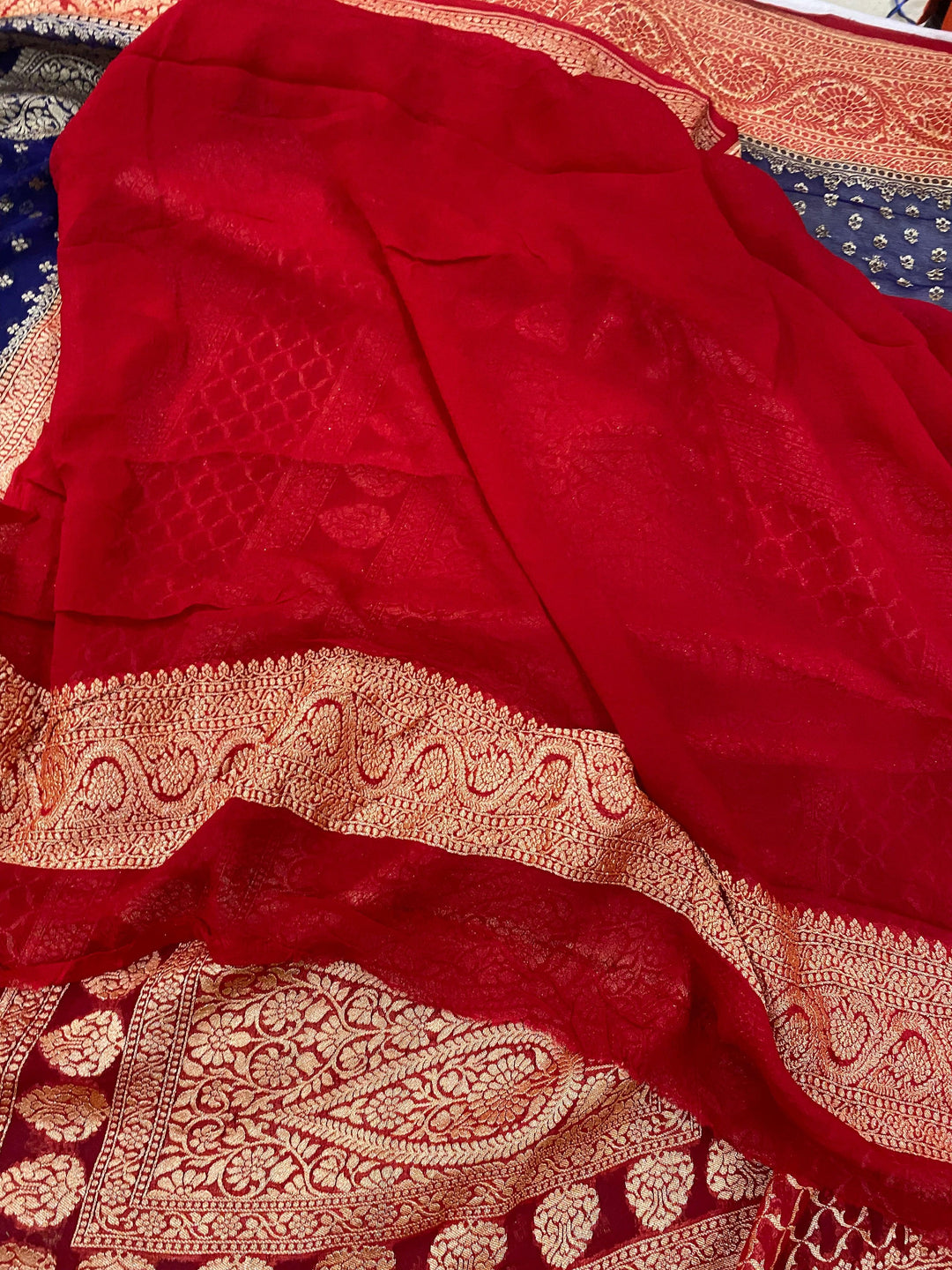 Navy Blue Pure Banarasi Khaddi Georgette Saree - Aura Benaras