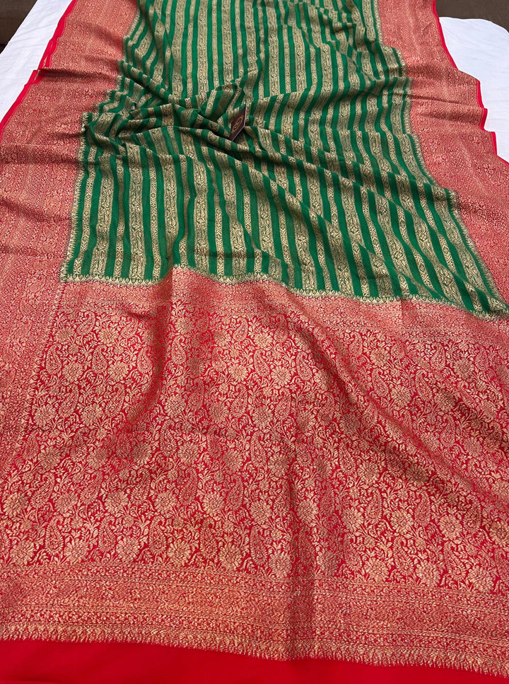 Green Banarasi Handloom Pure Khaddi Georgette Saree - Aura Benaras