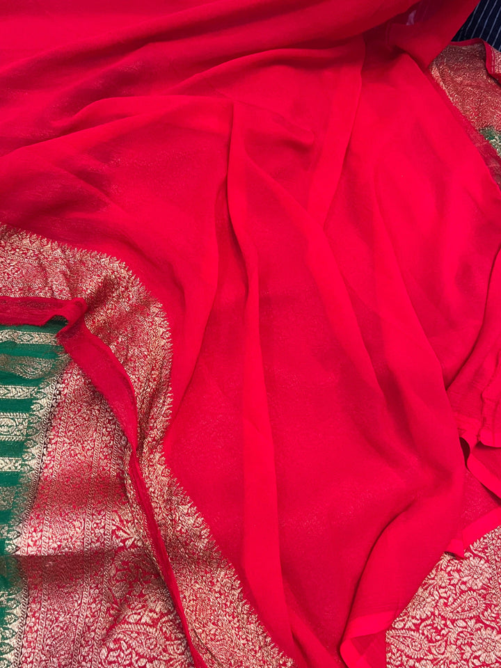 Green Banarasi Handloom Pure Khaddi Georgette Saree - Aura Benaras